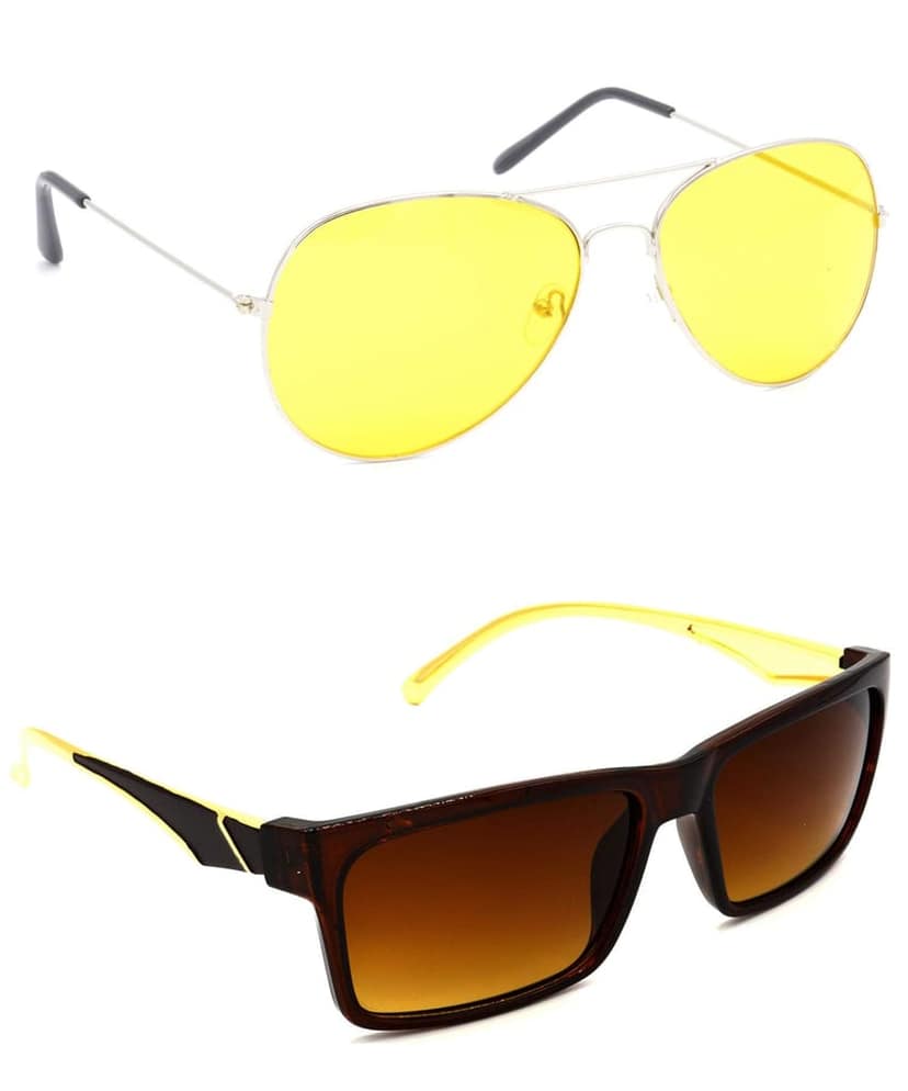 HRINKAR Unisex Pilot Sunglasses Silver & Golden Frame, Yellow & Brown Lens (Medium) - Pack of 2