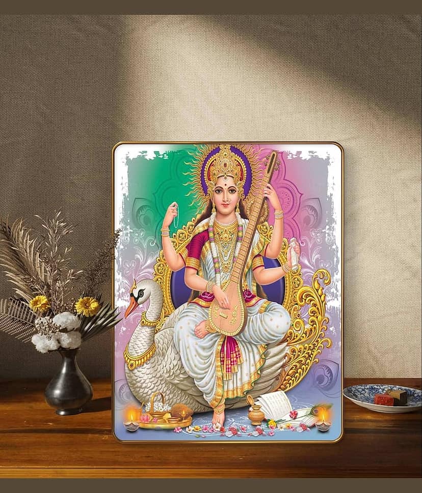 SAF Saraswati Devi Wall Painting with Golden Frame & Sparkle Lamination | MDF Board Poster for Pooja Room Office Study Area | Hindu Goddess Art for Knowledge & Wisdom view 2