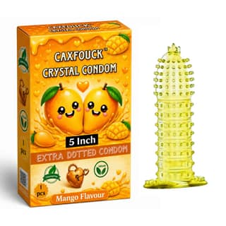 Caxfouck Crystal Condom Extra Dotted Mango Flavour 5 Inch Reusable Sleeve for Enhanced Pleasure (1 Pc)