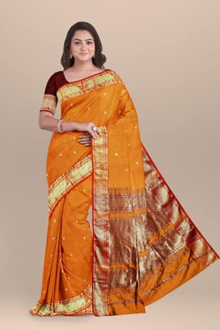 Mustard Dark Yellow Rui Buti Handwoven Mulberry Sausar Silk with Broad Zari Border Saree SKU-BS10159