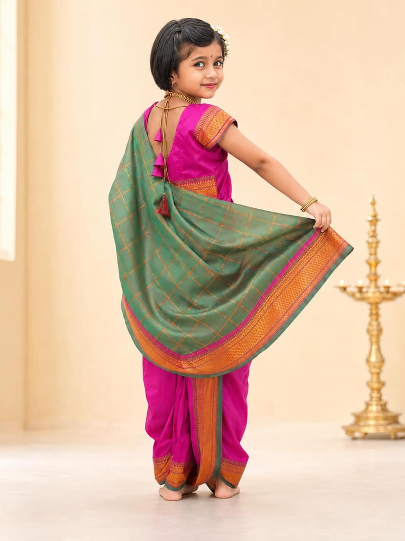 Mom and Me Mastani Nauvari Saree for Girls/Baby Girl, Ready to Wear, Marathi Maharashtrian Saree, Festival Outfit for Puja, Ganpati Festival, School Programs, stitch Blouse (Purple, 12-18 Month) view 2