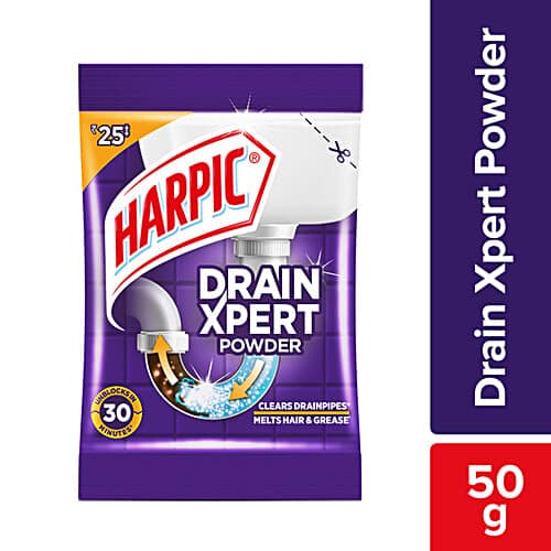 Harpic Drain Xpert Drain Cleaning Powder - Removes Blockages In 30 Mins, For Washbasins, Sinks, Bathrooms, 50 g