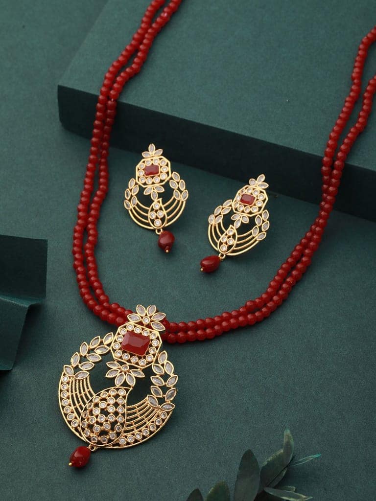 Gold Plated Polki AD studded Red Beads Maala Necklace Set