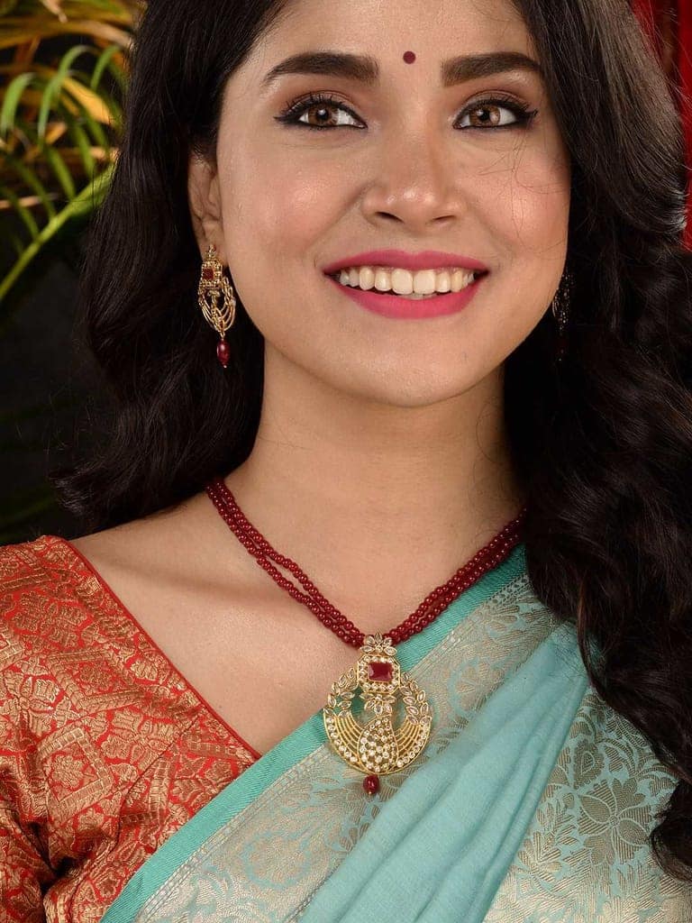 Gold Plated Polki AD studded Red Beads Maala Necklace Set view 7
