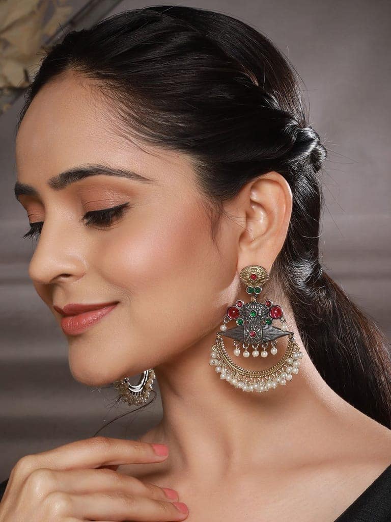 Dual Toned Red Stones Studded & Pearl Beaded Handcrafted Designer Light Weight Chandbali Dangler earrings view 3