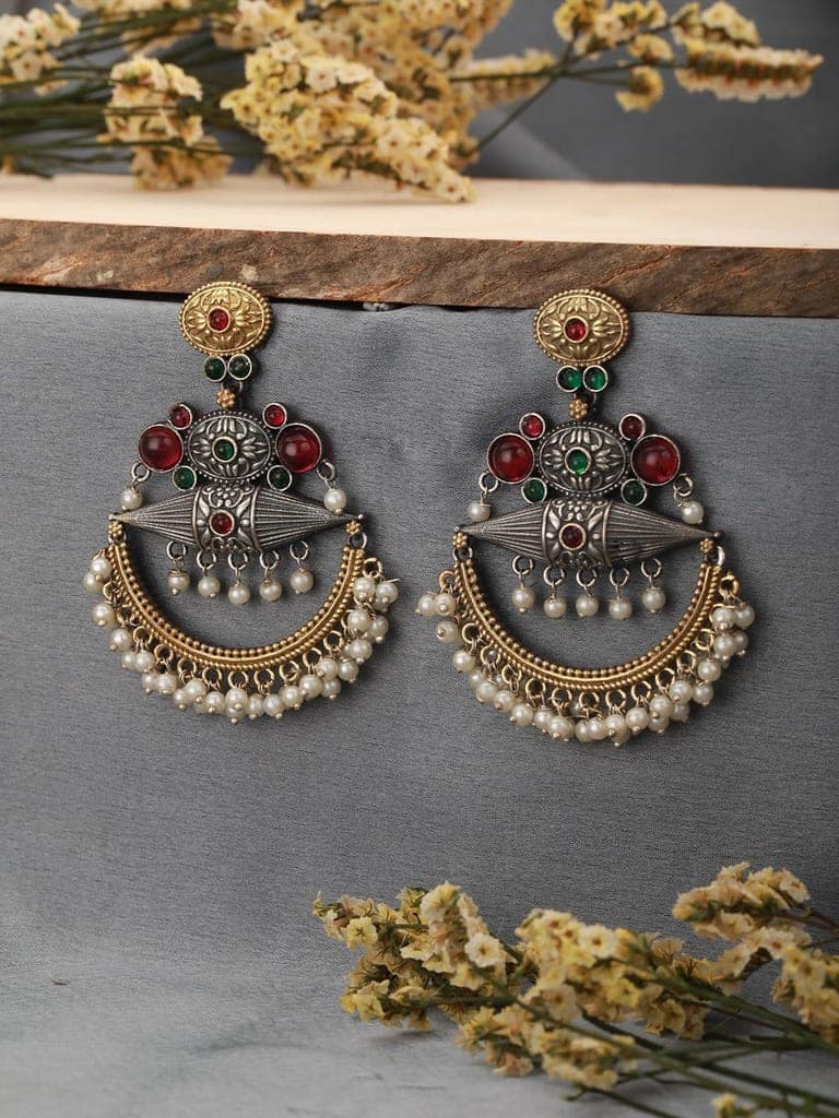 Dual Toned Red Stones Studded & Pearl Beaded Handcrafted Designer Light Weight Chandbali Dangler earrings view 4