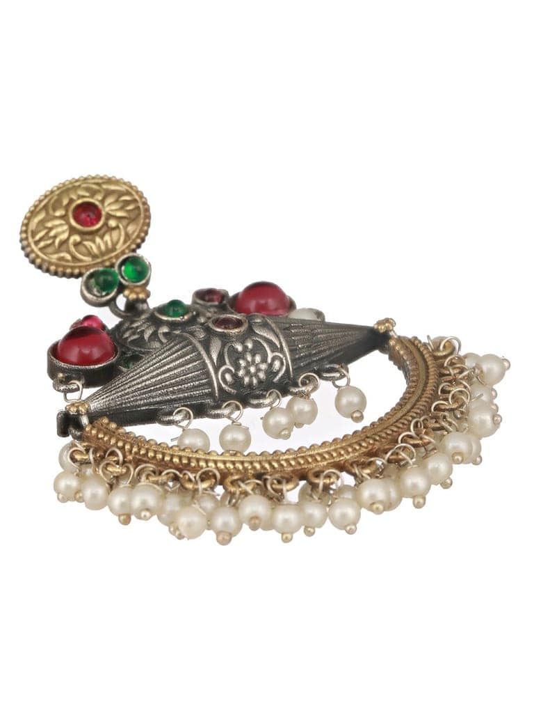 Dual Toned Red Stones Studded & Pearl Beaded Handcrafted Designer Light Weight Chandbali Dangler earrings view 5