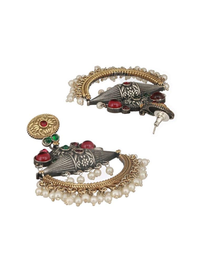 Dual Toned Red Stones Studded & Pearl Beaded Handcrafted Designer Light Weight Chandbali Dangler earrings view 6