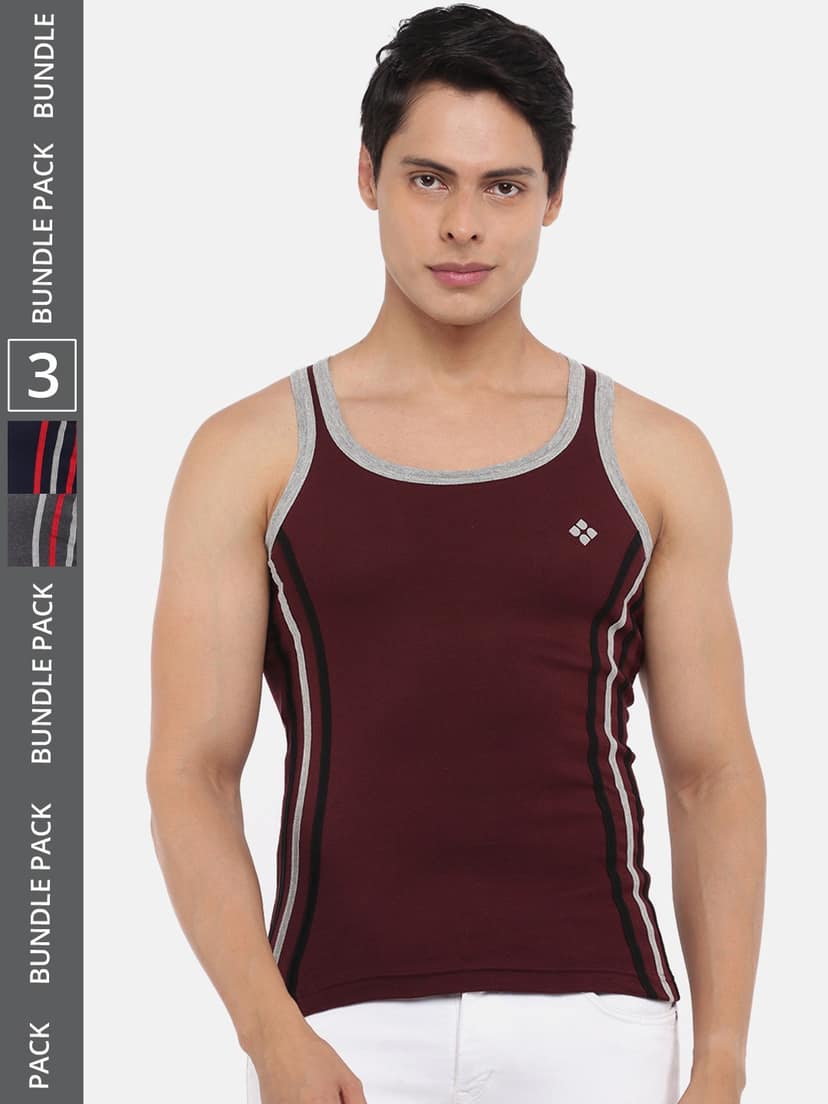 Men's Assorted Pack of 3 Solid Combed Cotton Racerback Styled Gym Vest
