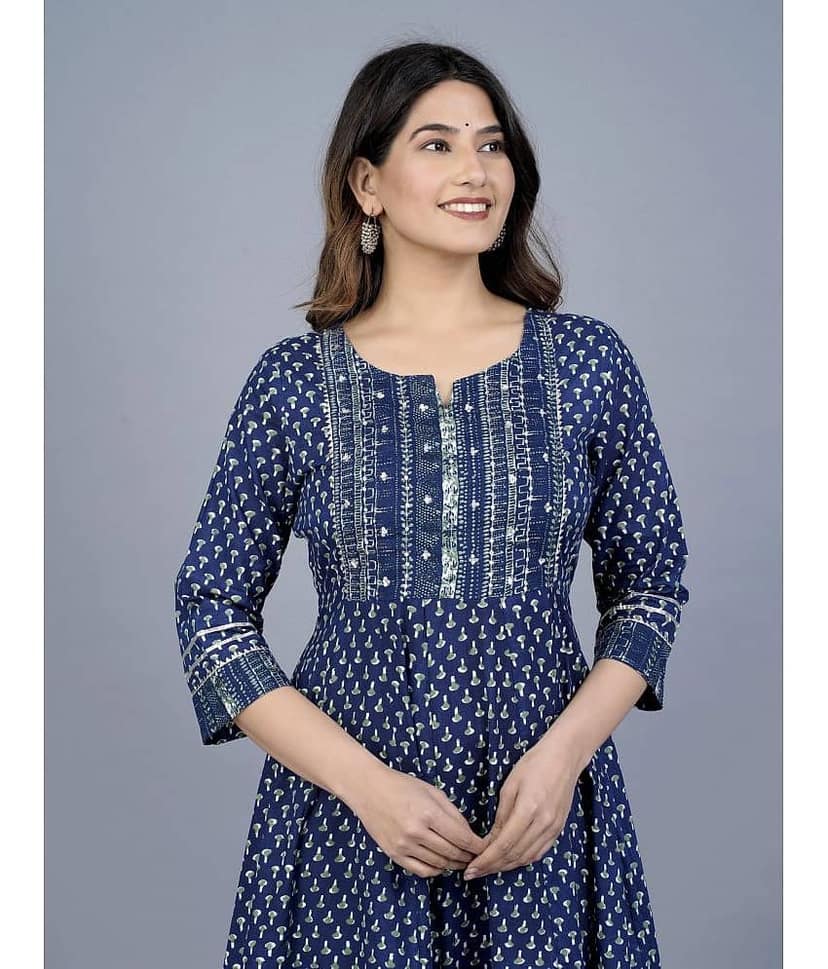 Mishree Collection - Blue Cotton Women's Anarkali Kurti ( Pack of 1 ) view 2