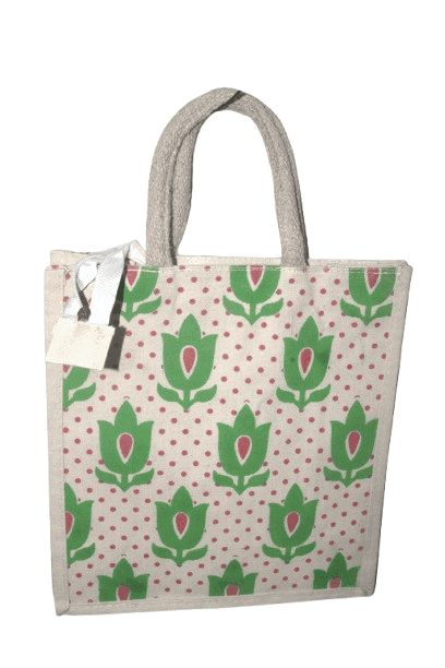 Eco-Friendly Jute Tote Bag with Green Tulip & Polka Dot Print