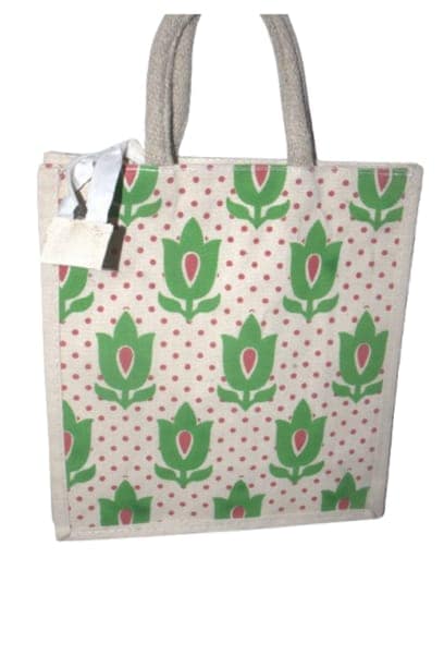 Eco-Friendly Jute Tote Bag with Green Tulip & Polka Dot Print view 2