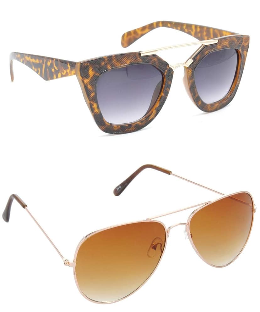 Hrinkar Unisex Rectangular Sunglasses Golden Frame, Clear & Brown Lens (Medium) - Pack of 2