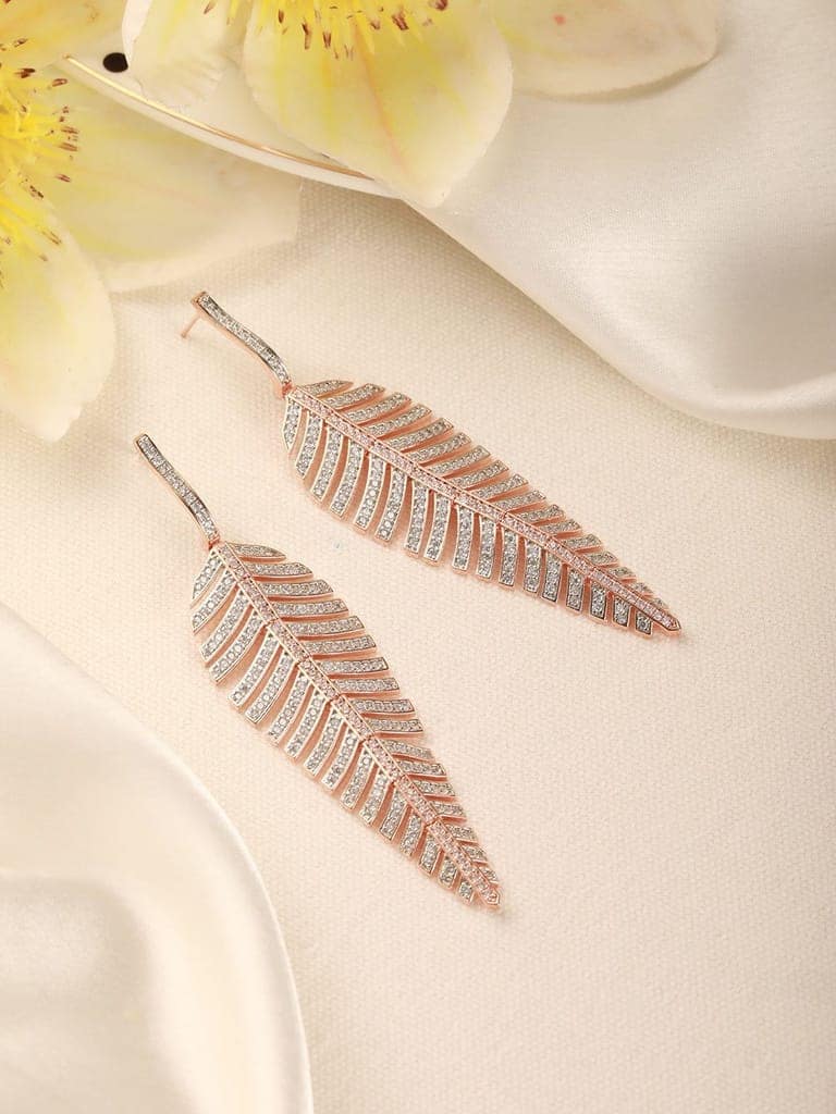 Rose Gold Toned White Zircon studded Statement Feather Dangling Earrings view 2