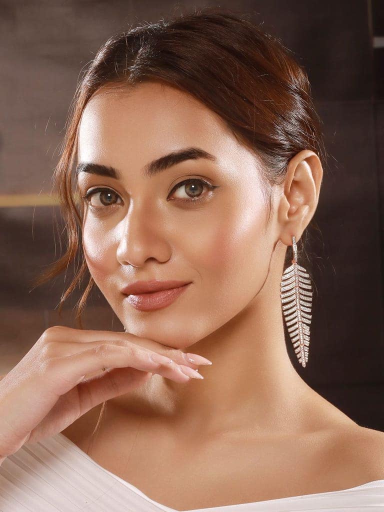 Rose Gold Toned White Zircon studded Statement Feather Dangling Earrings view 3