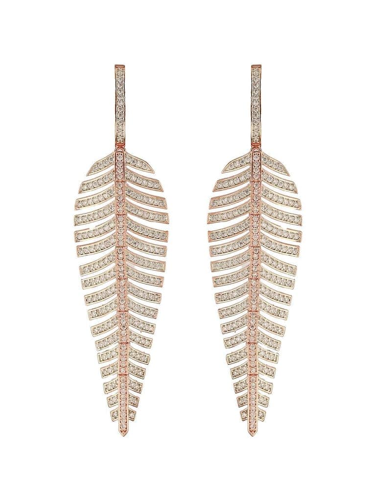 Rose Gold Toned White Zircon studded Statement Feather Dangling Earrings view 5