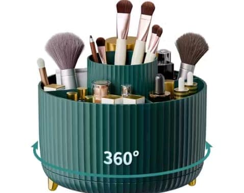 Makeup Brush Holder, 360° Rotating Makeup Perfume Organizer, 5 Slot Makeup Brushes Cup Tray for Vanity Decor Bathroom Countertops Cosmetic Desk Storage Container Display Case (GREEN) view 2