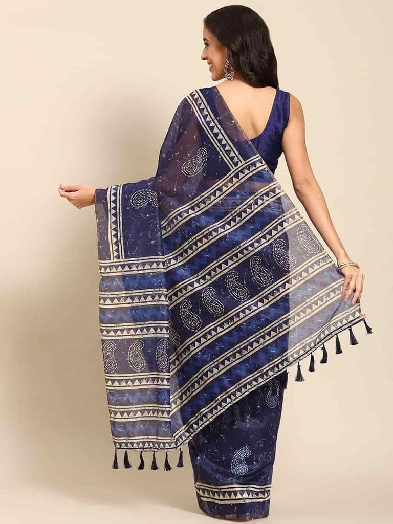 Women's Pure Cotton block print saree with unstiched blouse piece view 3