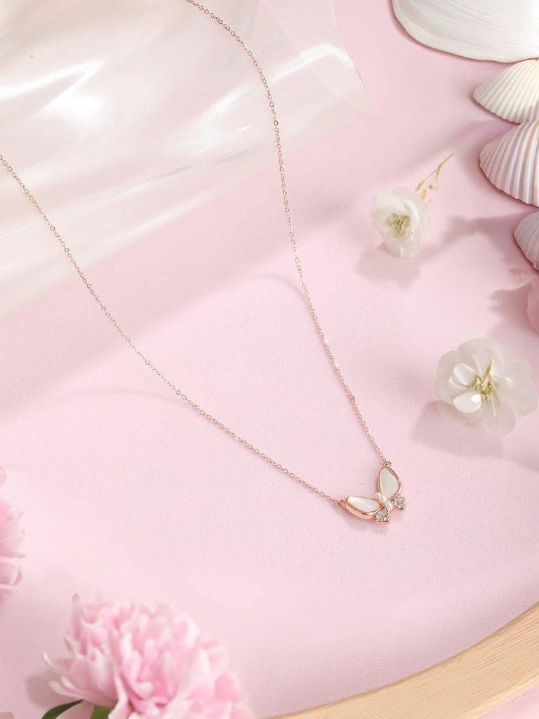Anti-Tarnish Rose Gold Toned AD Studded Minimal Butterfly Pendant Necklace & Chain view 2