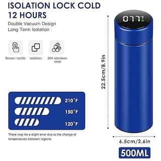 LONEASY Grade Stainless Steel Sports Water Bottle With Led Temperature Display,Double Wall Vacuum Insulated Water Bottle, Stay Hot For 24 Hrs,Cold For 24 Hrs (Blue), 500 Milliliters view 3