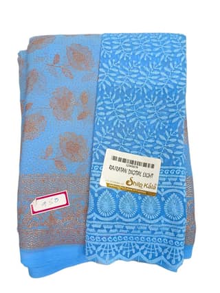 Blue and White Floral Embroidered Cotton Saree