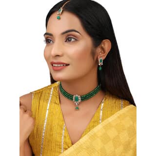 Green Crystal Kundan Pearls Choker Jewelry Set
