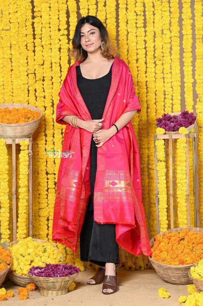 Rajsi~Handloom Pure Silk Paithani Dupatta With Beautiful Zari Work and Handwoven Buttis~pink view 2