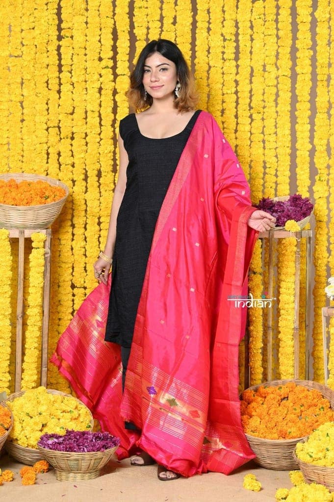 Rajsi~Handloom Pure Silk Paithani Dupatta With Beautiful Zari Work and Handwoven Buttis~pink view 4