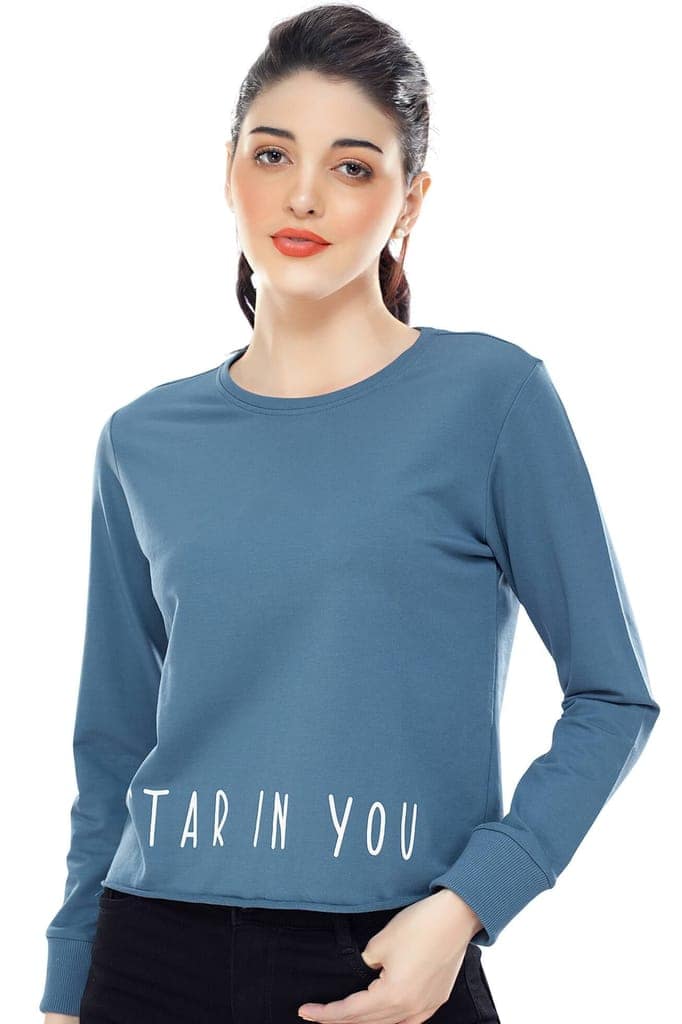 Zeyo Women Cotton Blue Printed Full Sleeve Crop Top
