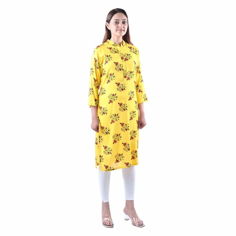 Soft Cotton Fabric Round Collar Hand Block Printing Kurti Color- Yellow view 2