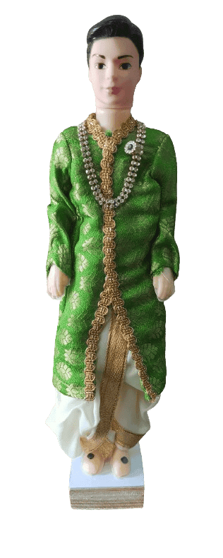 Traditional Indian Groom Doll in Green Sherwani with Gold Embroidery
