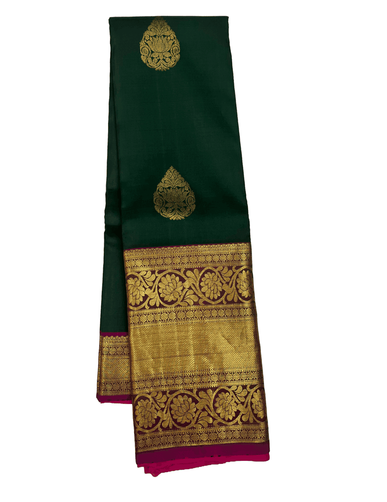 Bottle Green with Pink Color Thilagam Butta Long Border Pure Silk Saree with Unstitched Blouse view 3