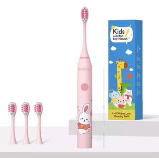 AUSHA Kids Sonic Electric Toothbrush Pink Rabbit, 5 Modes, 2-Min Timer, USB, IPX7, 4 Soft DuPont Heads