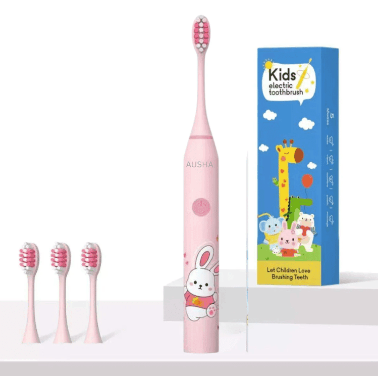 AUSHA Kids Sonic Electric Toothbrush Pink Rabbit, 5 Modes, 2-Min Timer, USB, IPX7, 4 Soft DuPont Heads
