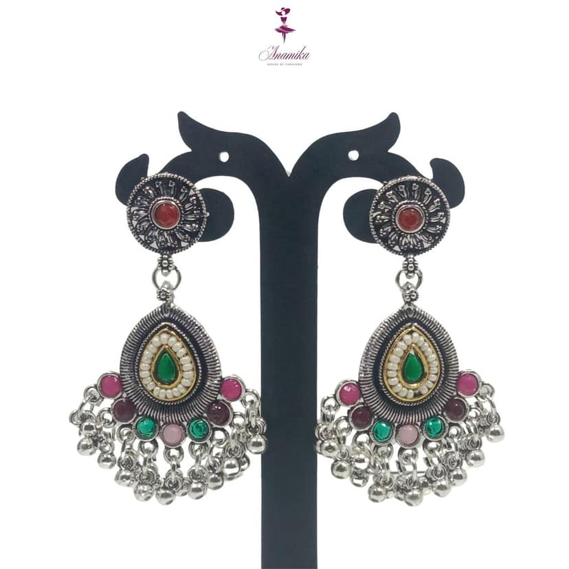 ANAMIKA Luxury Handcrafted Necklace Jewellery Set with Ear Rings, Oxidized, Oval Pendant, Red and Green view 5