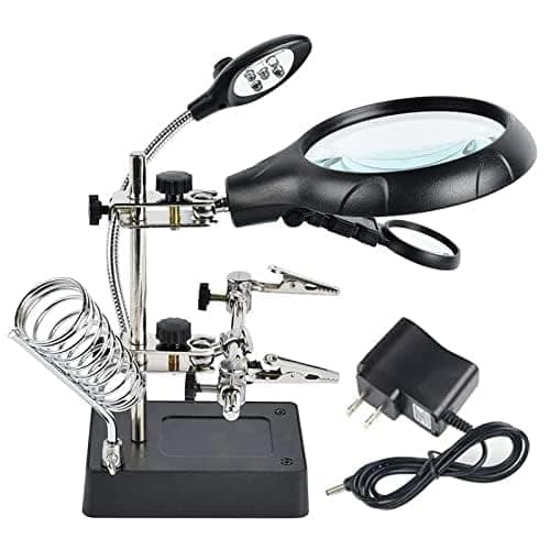 Desktop LED Lighted Magnifying Glass Soldering Station, 2.5X 7.5X 10X Helping Hands Magnifier Soldering Station & Desk Lamp Hands Free Auxiliary Clips Alligator Clamp Stand Repair Kits