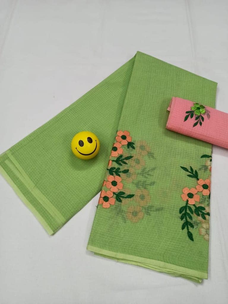 Kota Doria Green Pure Cotton Embroidery Saree With Blouse Handcrafted-8047