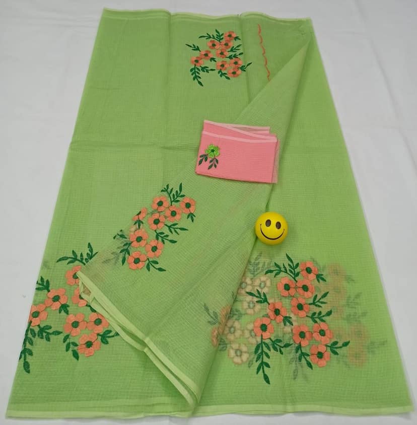 Kota Doria Green Pure Cotton Embroidery Saree With Blouse Handcrafted-8047 view 2