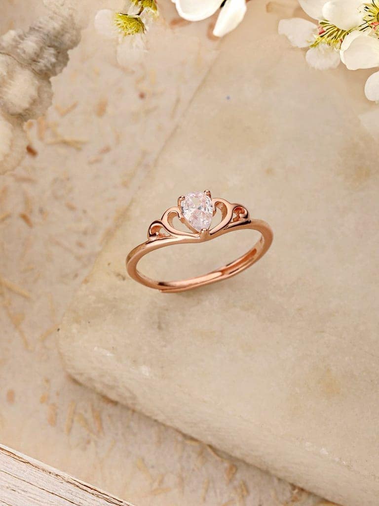 925 Sterling Silver Rose Gold Plated AD Studded Minimal Crown Finger Ring