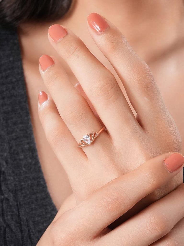925 Sterling Silver Rose Gold Plated AD Studded Minimal Crown Finger Ring view 2
