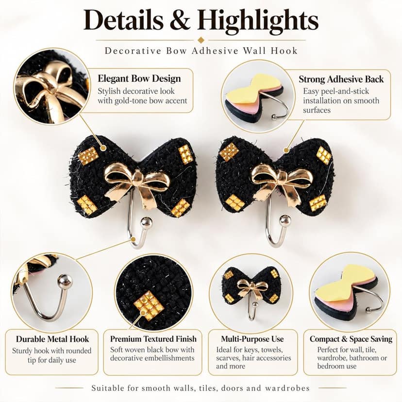 Decorative Bow Adhesive Wall Hooks for Keys and Towel Storage (2 Pc Set) view 3
