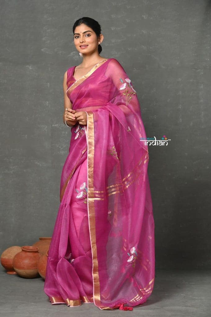 Tyohaar ~ EXCLUSIVE! Organza Saree with Hand Embroidery ~ Feathr Pink view 2
