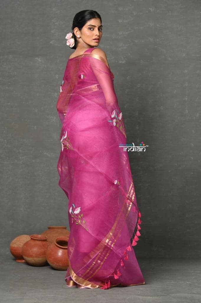 Tyohaar ~ EXCLUSIVE! Organza Saree with Hand Embroidery ~ Feathr Pink view 3