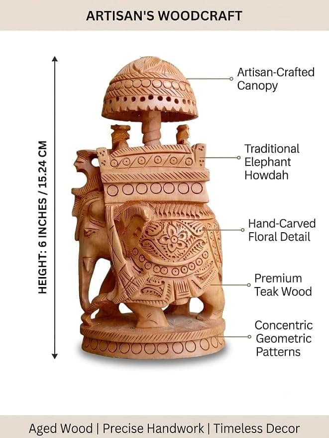Hand-Carved Teak Wood Royal Ambari Elephant with Ganesha & Canopy view 2