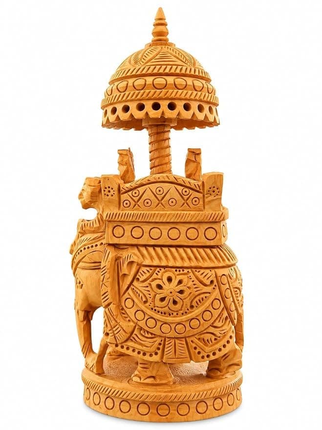 Hand-Carved Teak Wood Royal Ambari Elephant with Ganesha & Canopy view 3