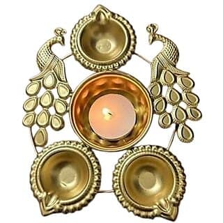 Kindred Homes Decorative Urli Bowl with 3 Brass-Polished Diyas Peacock Design Traditional Oil Lamp for Puja, Diwali, Home Temple Festive Decoration (6.5 inch)