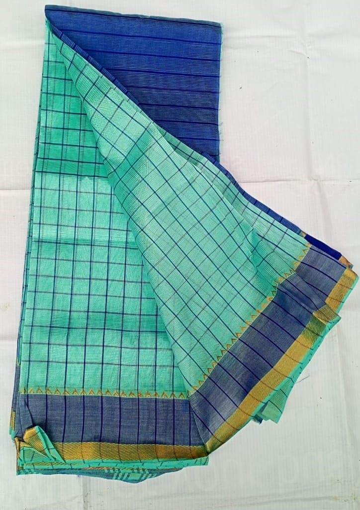 Green and Blue Mangalagiri Cotton Silk Saree With Blouse Piece
