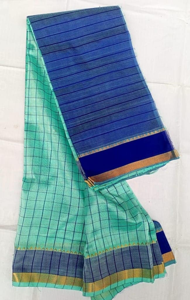 Green and Blue Mangalagiri Cotton Silk Saree With Blouse Piece view 2