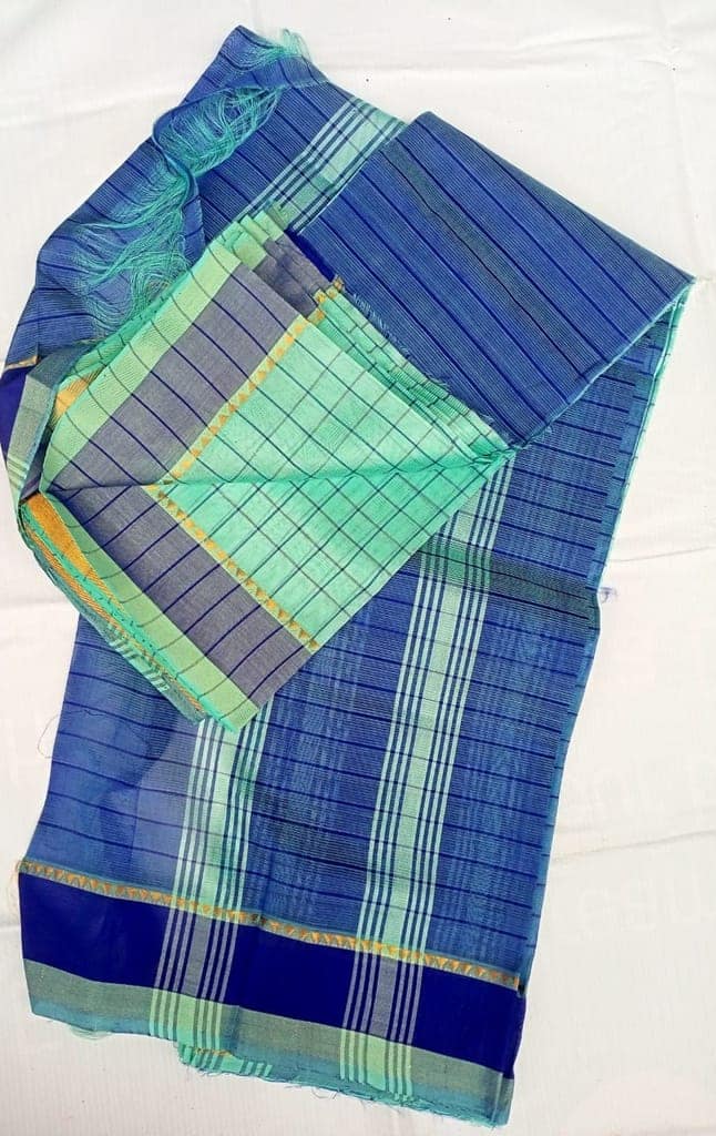 Green and Blue Mangalagiri Cotton Silk Saree With Blouse Piece view 3