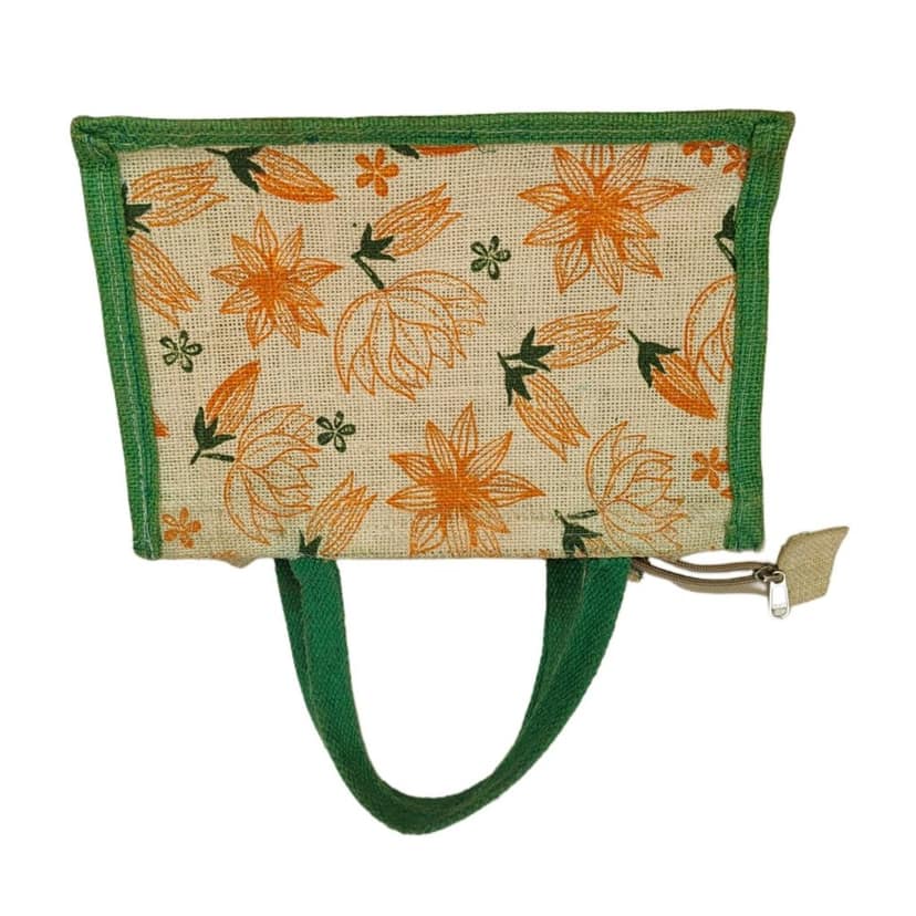 Jute tote bag with floral print and green handles view 3